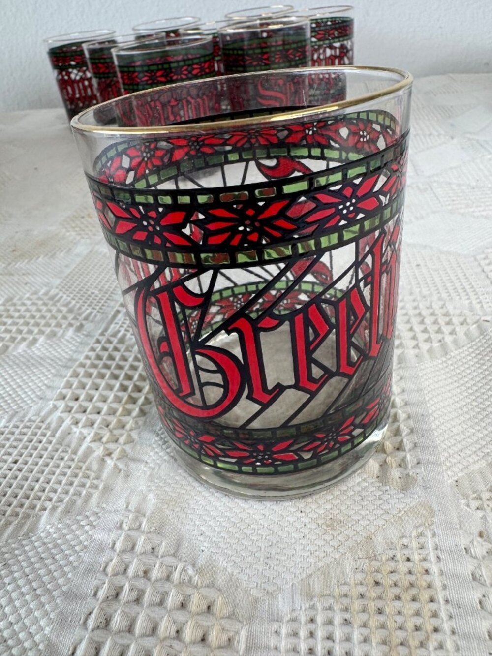 Vintage 1970s Houze Holiday Glass Tumbler Stained Glass Design Gold Rim Christma